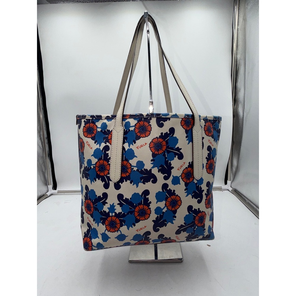 Furla Floral Print Tote Blue Orange Cream Leather Trim Shoulder Bag